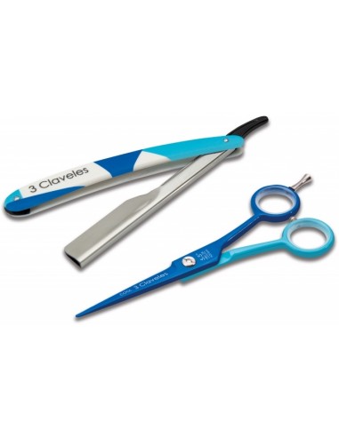 Set tijera cool corte 5,5'' HRc54 + navaja 3 Claveles azul